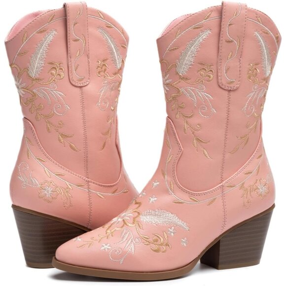 Anjoufemme Mid-Calf Booot Women Pink Polyurethane Embroidered Round-toe - Picture 2 of 8